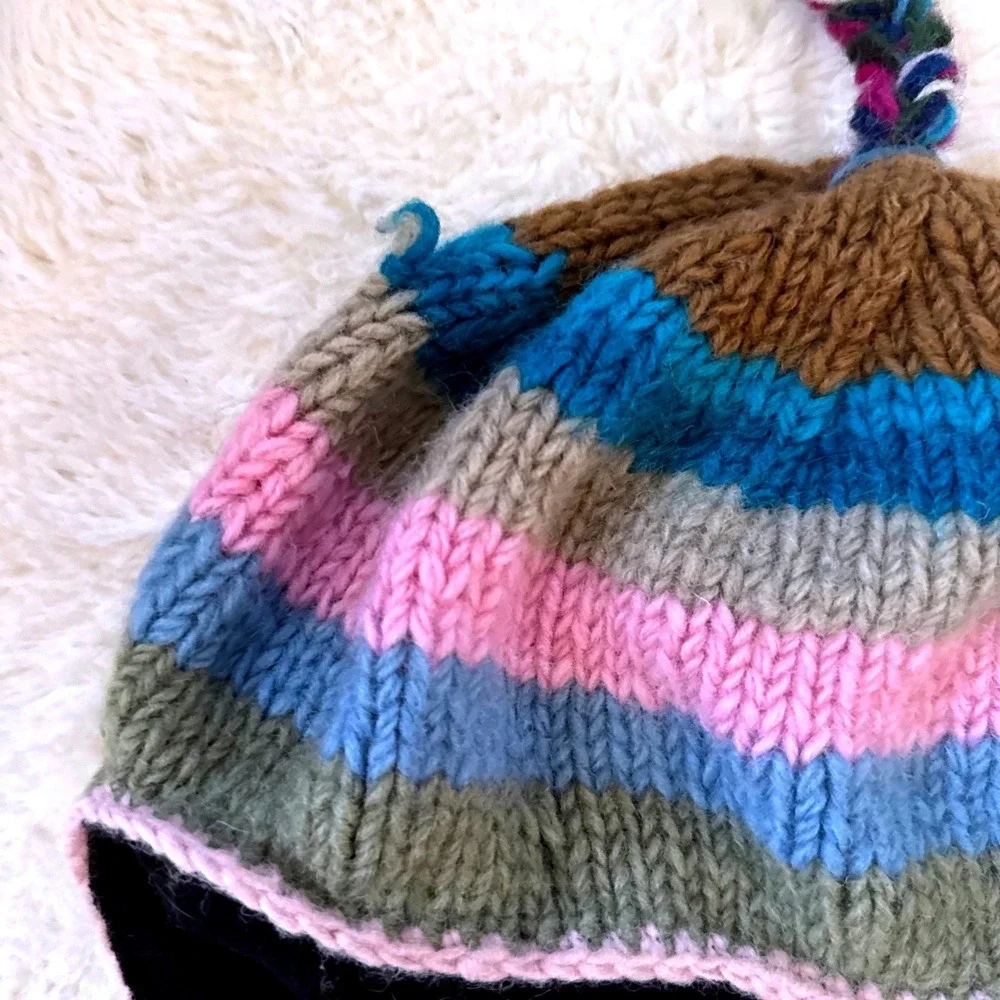 Striped Knit Earflap Beanie Nepal Multi Color Fleece Lined Braided Tassels Cozy